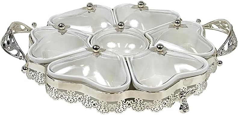 Persian Iranian Armenian Middle Eastern Turnkish Arabic 7-Sectional Salsera Heart Love Round Shaped Serving Tray Chips Guacamole Nuts Condiment Server Traditional Ceramic W/Glass Metal Tops Silver