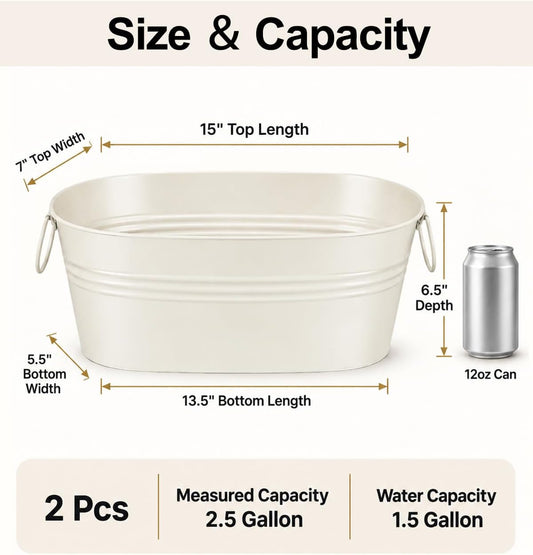 2 Pack 2.5 Gallon Galvanized Ice Buckets with Handles, White