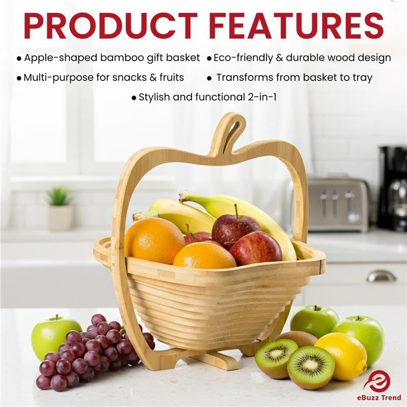Apple Shaped Foldable Bamboo Dried Fruits Basket & Tray – Collapsible Wooden Fruit Bowl Holder for Kitchen Table & Holiday Decor