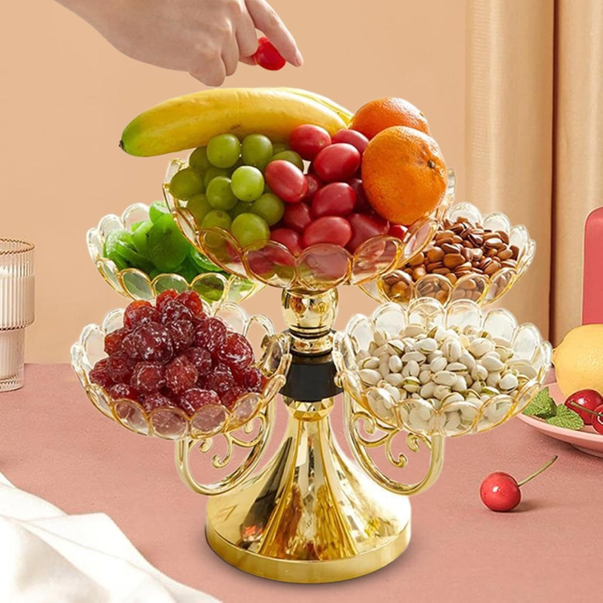 Fruit Plate with 5 Bowls – Flower Shape Appetizer Platter, Rotating Snack Serving Tray with 5 Compartments, for Nuts Candy Veggie, Office Party Cafe – PP Material, 11.8 x 6.1 Inch