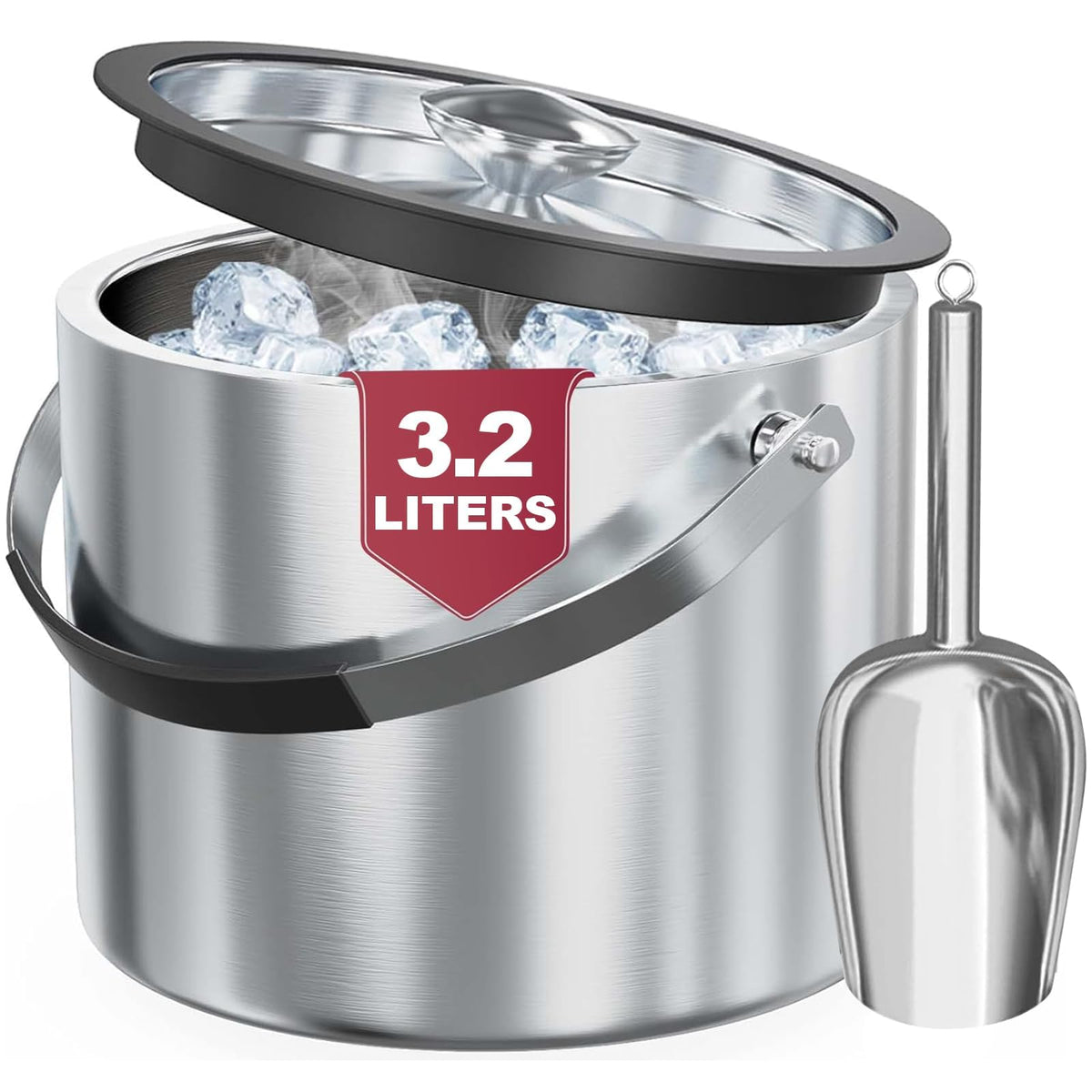 3.2L Double Wall Stainless Steel Ice Bucket for Parties with Lid, Scoop