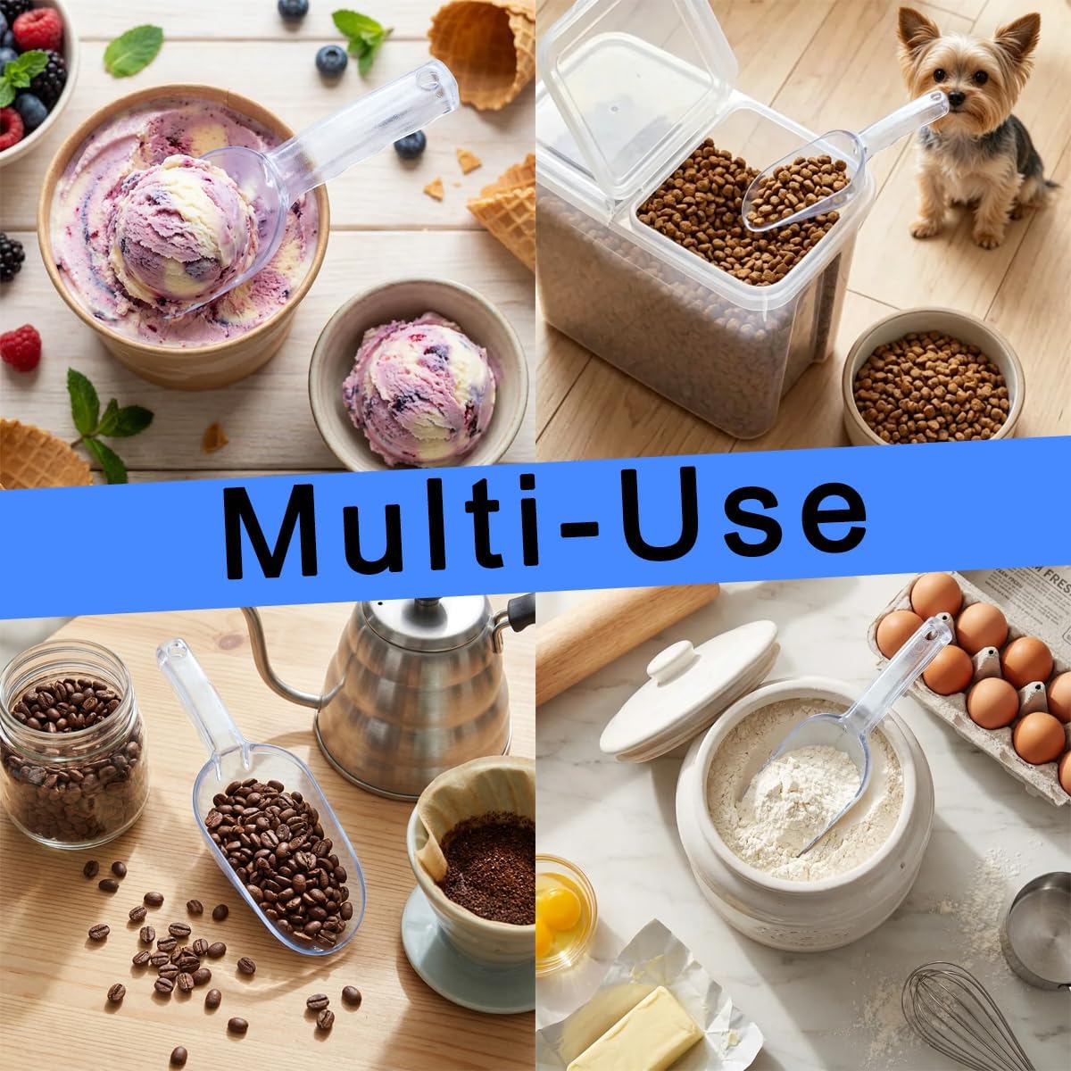 2 Pcs Plastic Ice Scoop 12 Oz Clear Polycarbonate for Ice Maker Ice Bucket Ice Cream Pet Food Coffee Beans Ergonomic Handle