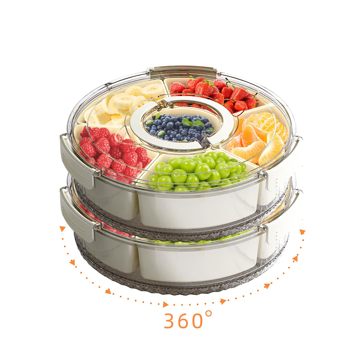 Divided Serving Tray with Lid and Handle, Stackable Snackle Box Container for Fruits Candy Organizer, Portable Spinning Rounded Veggie Tray for Kitchen, Party, Trave and Picnic-2 PACK