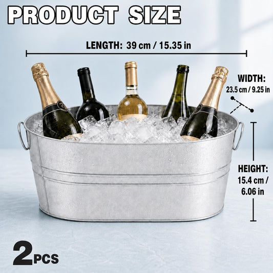 2 Pack Ice Buckets for Parties, 4 Gallon Metal Galvanized Tubs for Drinks