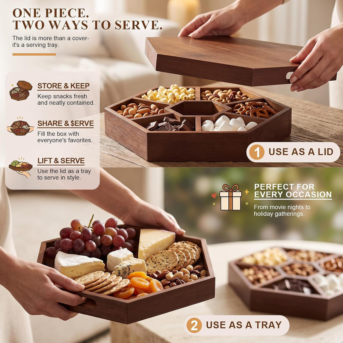 13in Wooden Snack Platter with Lid and Handle, Walnut Veggie Tray