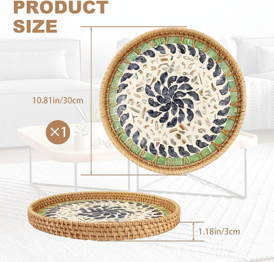 11.8" Decorative Round Rattan Tray with Mother of Pearl, Hand-Woven Wicker Serving Tray, Boho Rattan Basket Platter for Fruit Bread Coffee Counter Dessert Kitchen