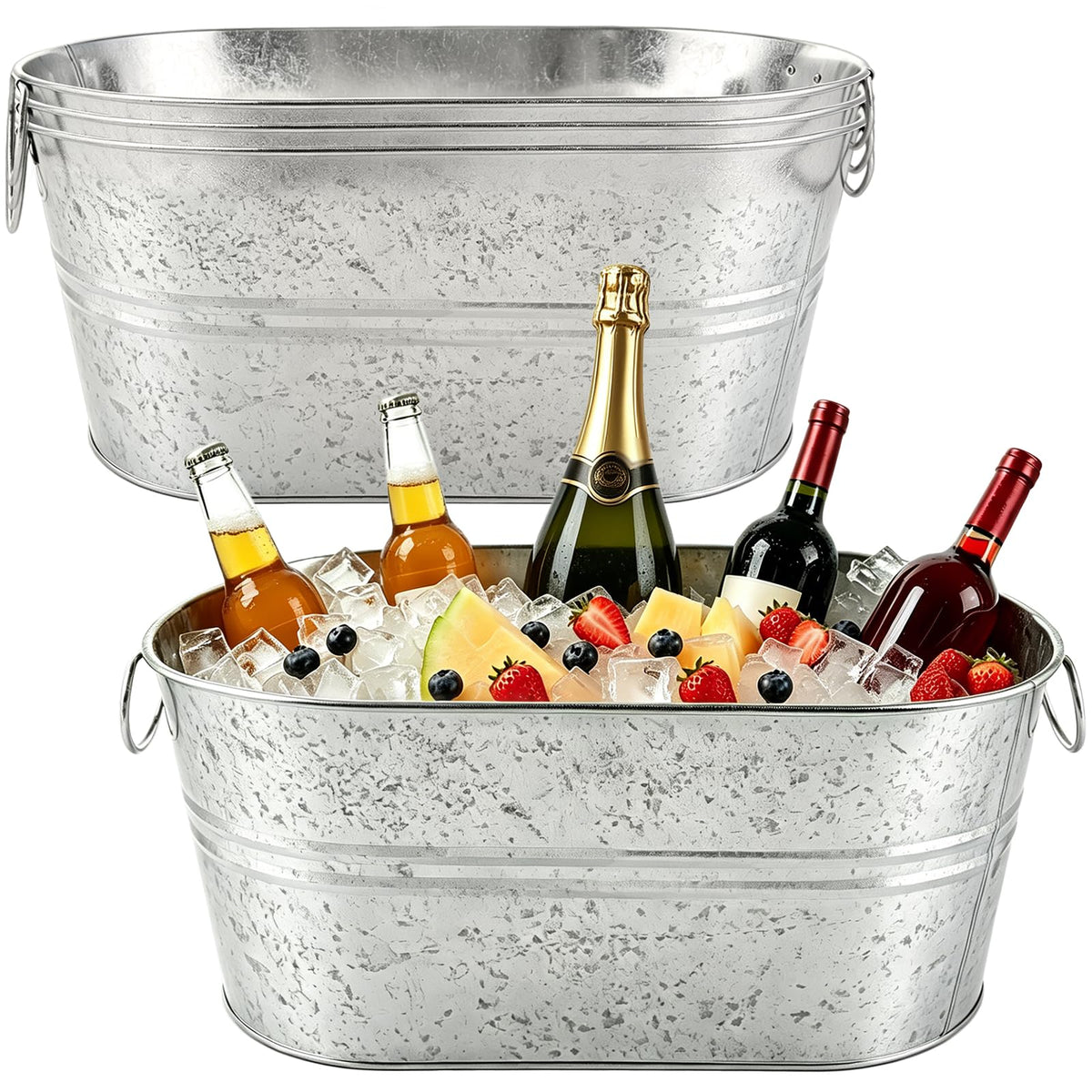 OBTANIM 2 Pack 4 Gallon Galvanized Ice Buckets Metal Champagne Drink Cooler Ice Beverage Tub with Carry Handles for Beer Cocktails Wine Home Parties Bar Cooling Supplies (Silvery)