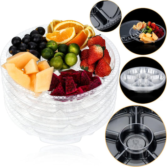 12 Pack Round Plastic Veggie Tray with Lid Fruit Tray 6 Divided Compartment Container Food Serving Dip Platter Reusable Catering Trays for Veggie Fruit Snack Party and Buffet Trays(Clear,12inch)