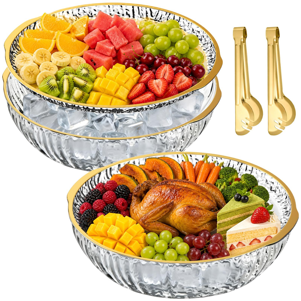 2 Set 16" x 9" Plastic Chilled Serving Tray for Parties, Serving Platter with Compartments Ice Chilled Party Platter Charcuterie Serving Board Cold Dish Dip for Fruit Seafood Vegetable