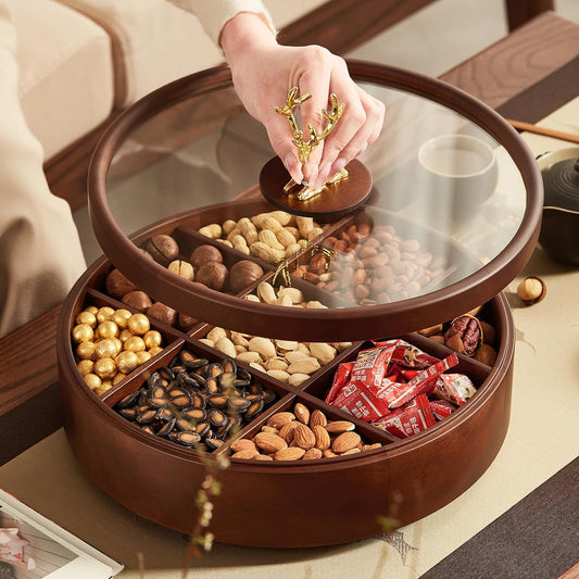 12" Wooden Serving Tray with Lid, 360° Rotating Snack Tray
