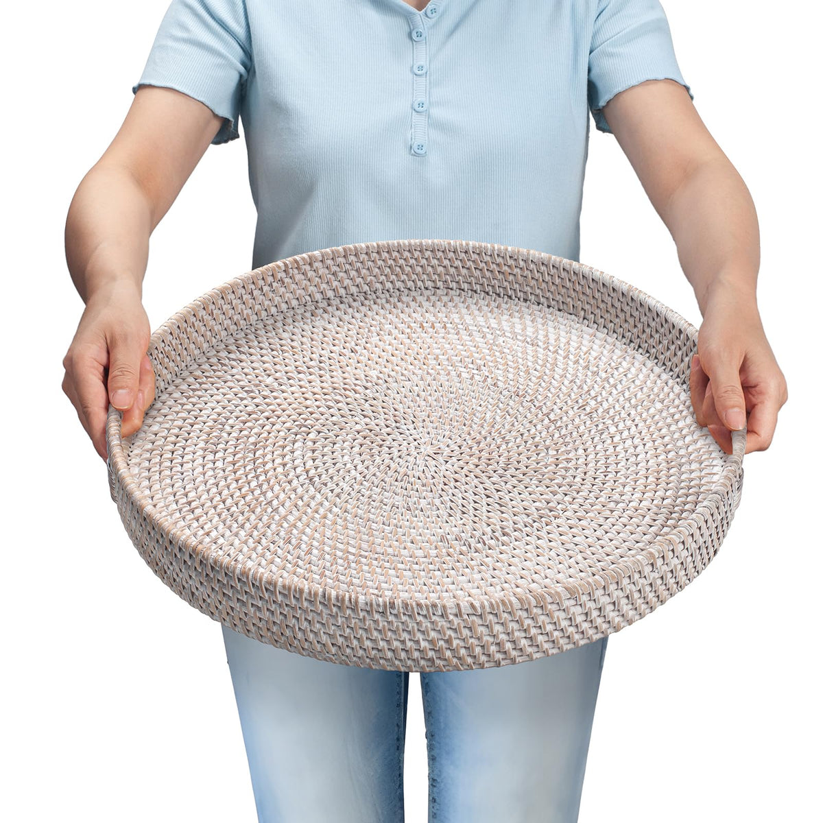 YANGQIHOME Rattan Round Serving Tray, Decorative Coffee Table Tray, Hand Woven Serving Basket with Handles, Ottoman Wicker Fruit/Bread Serving Basket, 13.8 inch