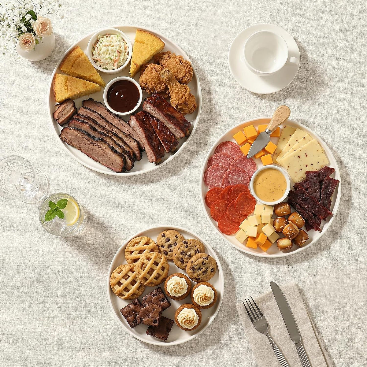 Dizada Round Serving Platters 3-Pack (12.8"/10.8"/8.8") - White Porcelain Serving Trays for Veggie, Fruit, Cheese, Snack, Party Entertaining