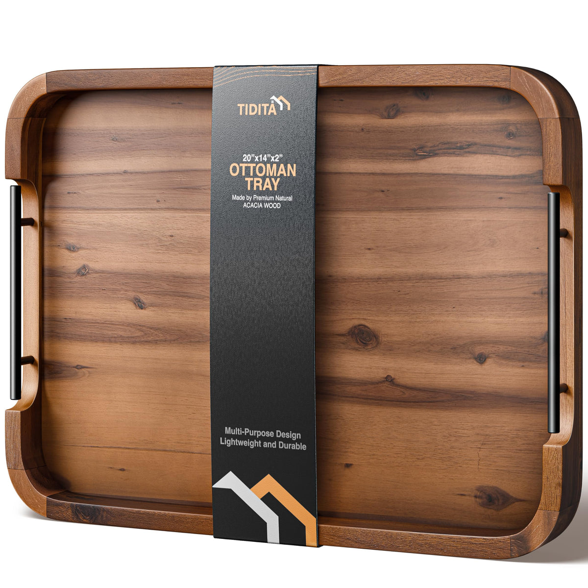 TIDITA 17"x13" Rectangular Wooden Serving Tray, Metal Handles, Walnut Color