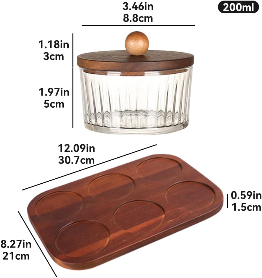 Round Glass Snackle Box Container Snack Organizer and Fruit Platter with Acacia Wood Lids and Tray Divided Serving Tray for Nuts Candy Dry Fruits (6 Jars)