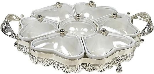 Persian Iranian Armenian Middle Eastern Turnkish Arabic 7-Sectional Salsera Heart Love Round Shaped Serving Tray Chips Guacamole Nuts Condiment Server Traditional Ceramic W/Glass Metal Tops Silver