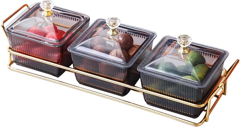 Set of 3 Clear Serving Bowls with Lid and Gold Basket Tray, Removable Nut Serving Platter Snack Box for Chips, Charcuterie, Fruits, Candy and Condiments (Amber-C Base)