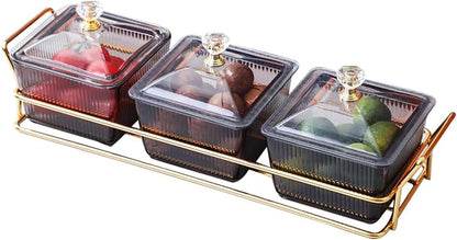 Set of 3 Clear Serving Bowls with Lid and Gold Basket Tray, Removable Nut Serving Platter Snack Box for Chips, Charcuterie, Fruits, Candy and Condiments (Amber-C Base)