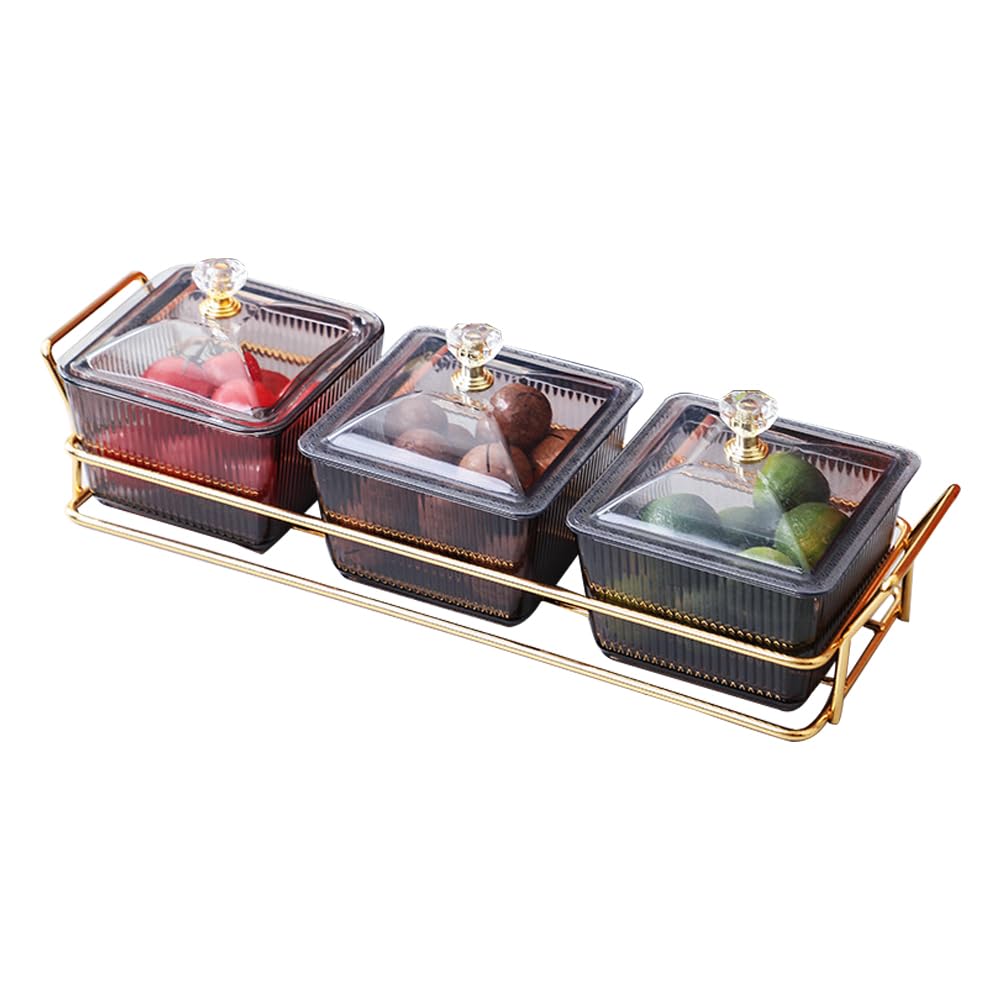 Set of 3 Clear Serving Bowls with Lid and Gold Basket Tray, Removable Nut Serving Platter Snack Box for Chips, Charcuterie, Fruits, Candy and Condiments (Amber-C Base)