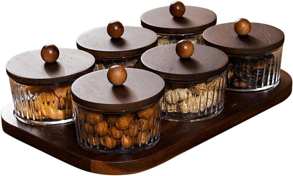 Round Glass Snackle Box Container Snack Organizer and Fruit Platter with Acacia Wood Lids and Tray Divided Serving Tray for Nuts Candy Dry Fruits (6 Jars)