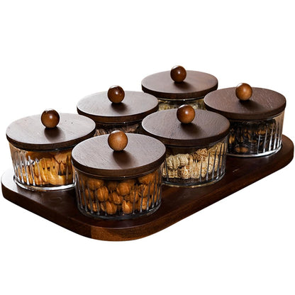 Round Glass Snackle Box Container Snack Organizer and Fruit Platter with Acacia Wood Lids and Tray Divided Serving Tray for Nuts Candy Dry Fruits (6 Jars)
