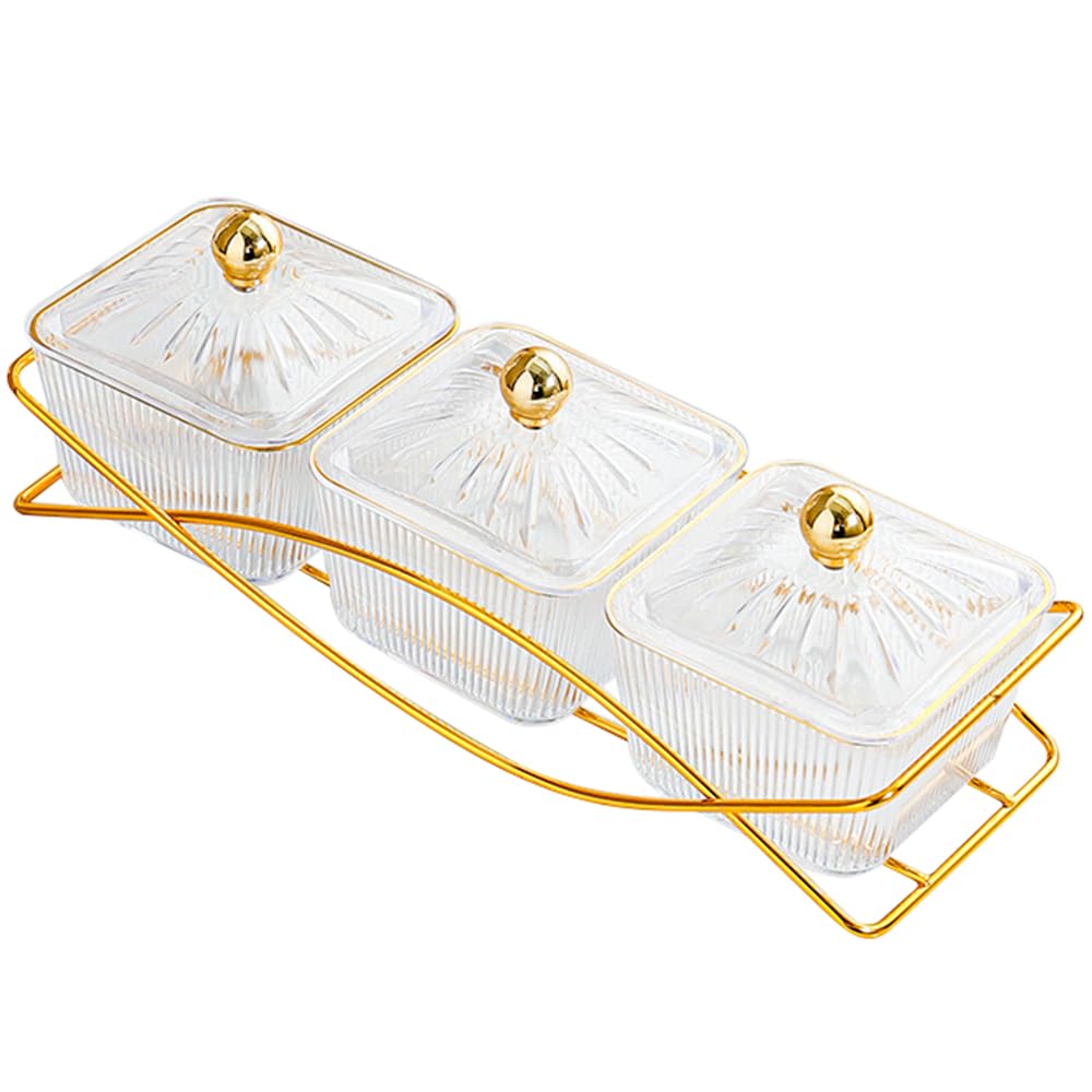 Set of 3 Clear Serving Bowls with Lid and Gold Basket Tray, Removable Nut Serving Platter Snack Box for Chips, Charcuterie, Fruits, Candy and Condiments (Amber-C Base)