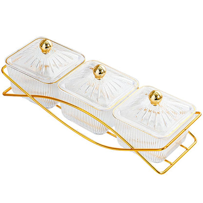 Set of 3 Clear Serving Bowls with Lid and Gold Basket Tray, Removable Nut Serving Platter Snack Box for Chips, Charcuterie, Fruits, Candy and Condiments (Amber-C Base)