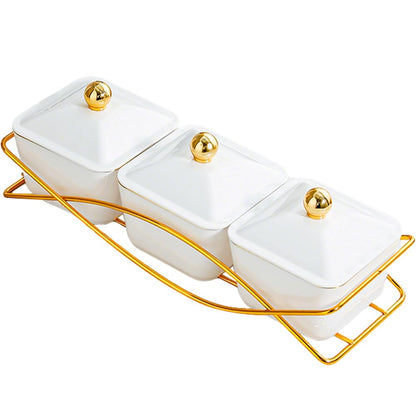 Set of 3 Clear Serving Bowls with Lid and Gold Basket Tray, Removable Nut Serving Platter Snack Box for Chips, Charcuterie, Fruits, Candy and Condiments (Amber-C Base)