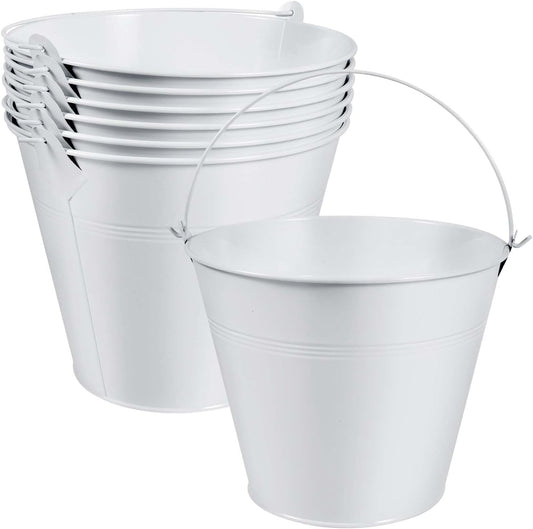 OBTANIM 7 Pack White Metal Buckets with Handle Galvanized Ice Pails for Plants, Succulents, Party Favors Organizing, Rustic Home Decor or Classrooms Pencil Storage (9.1 x 6.7 inch)