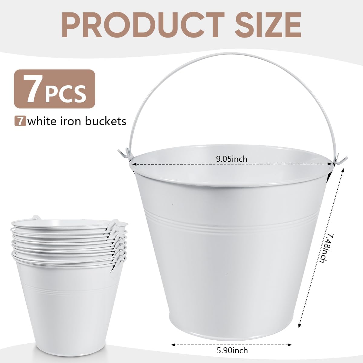 OBTANIM 7 Pack White Metal Buckets with Handle Galvanized Ice Pails for Plants, Succulents, Party Favors Organizing, Rustic Home Decor or Classrooms Pencil Storage (9.1 x 6.7 inch)