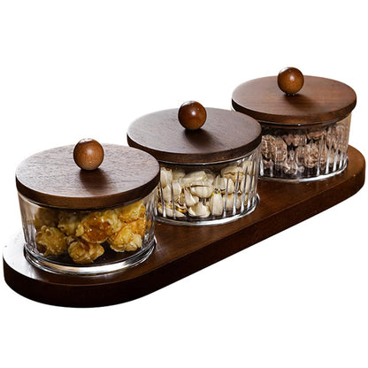 Round Glass Snackle Box Container Snack Organizer and Fruit Platter with Acacia Wood Lids and Tray Divided Serving Tray for Nuts Candy Dry Fruits (6 Jars)