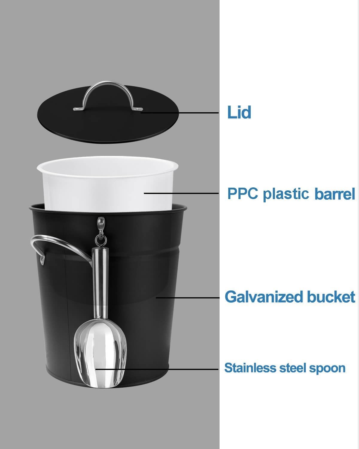 3 Qt Black Galvanized Ice Bucket with Lid, Scoop and Handles, Insulated