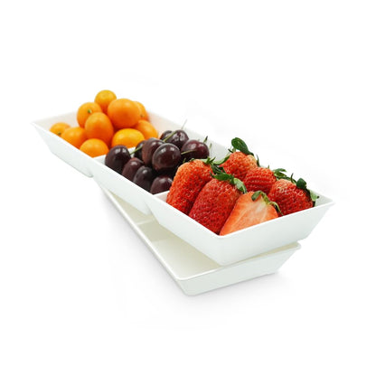Divided Serving Tray Platter, 4 Pack 15" x 10" Fruit Veggie Food Tray for Party, Plastic Serving Trays for Appetizer, Snack, Dessert, Cookie, Brunch Decorations Platters, White Trays BPA-Free