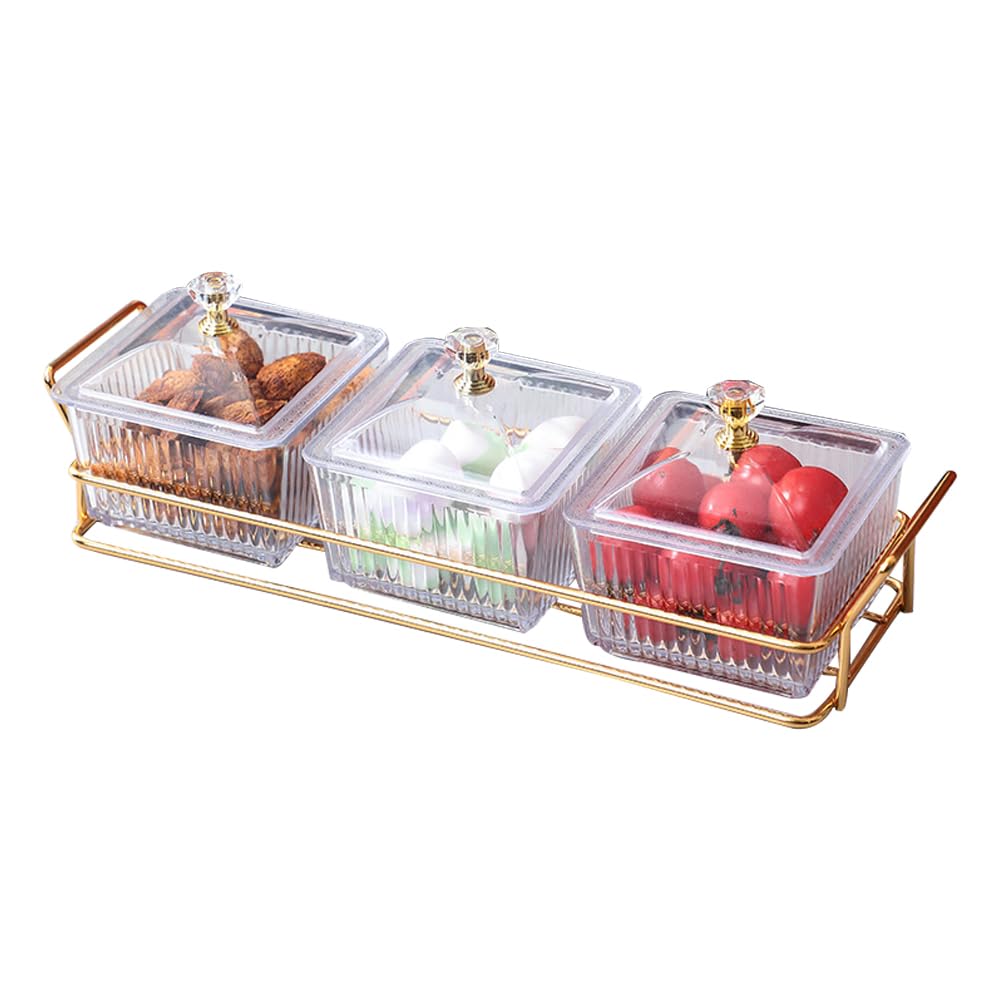Set of 3 Clear Serving Bowls with Lid and Gold Basket Tray, Removable Nut Serving Platter Snack Box for Chips, Charcuterie, Fruits, Candy and Condiments (Amber-C Base)