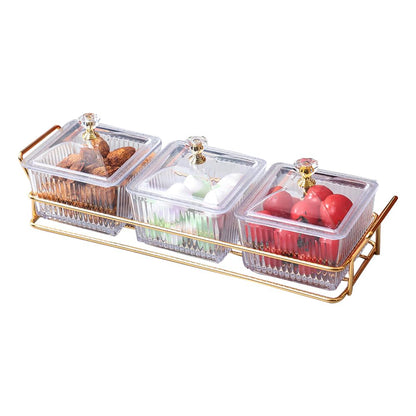 Set of 3 Clear Serving Bowls with Lid and Gold Basket Tray, Removable Nut Serving Platter Snack Box for Chips, Charcuterie, Fruits, Candy and Condiments (Amber-C Base)