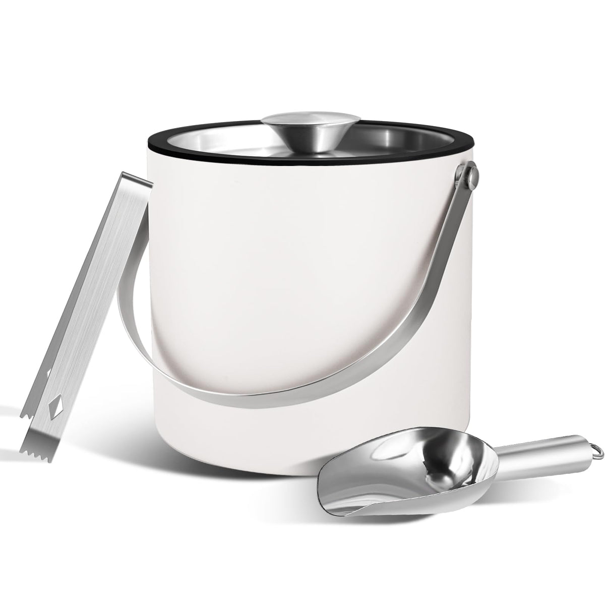 Bakpoco 3L Ice Bucket with Silicone Gold Lid, Scoop, Tongs & Strainer, Stainless Steel Double Wall Insulated Ice Buckets for Parties & Cocktail Bar, Outdoor Champagne Ice Container Bin, Black