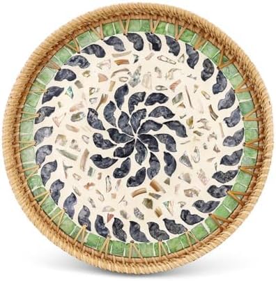11.8" Decorative Round Rattan Tray with Mother of Pearl, Hand-Woven Wicker Serving Tray, Boho Rattan Basket Platter for Fruit Bread Coffee Counter Dessert Kitchen