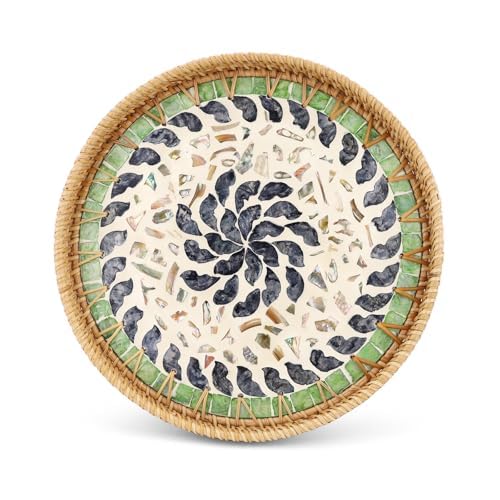 11.8" Decorative Round Rattan Tray with Mother of Pearl, Hand-Woven Wicker Serving Tray, Boho Rattan Basket Platter for Fruit Bread Coffee Counter Dessert Kitchen