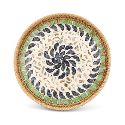 11.8" Decorative Round Rattan Tray with Mother of Pearl, Hand-Woven Wicker Serving Tray, Boho Rattan Basket Platter for Fruit Bread Coffee Counter Dessert Kitchen