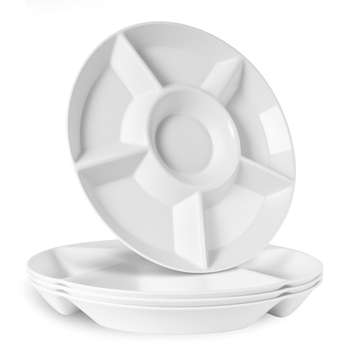 4 Pcs 12.4" Large Divided Serving Trays for Party Supplies, 6 Compartments Round Plastic Platters for Serving Food, Unbreakable Reusable Trays for Snack, Veggie, Fruit, Candy, White