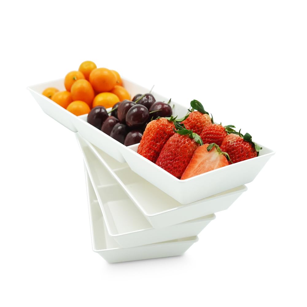 Divided Serving Tray Platter, 4 Pack 15" x 10" Fruit Veggie Food Tray for Party, Plastic Serving Trays for Appetizer, Snack, Dessert, Cookie, Brunch Decorations Platters, White Trays BPA-Free
