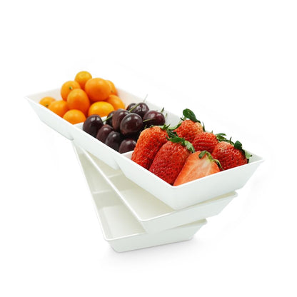 Divided Serving Tray Platter, 4 Pack 15" x 10" Fruit Veggie Food Tray for Party, Plastic Serving Trays for Appetizer, Snack, Dessert, Cookie, Brunch Decorations Platters, White Trays BPA-Free