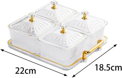Dry Fruit Tray with Lid,Divided Serving Dishes Snack Tray Appetizer Plate with Tray,Serving Plate Party Wedding Nuts Plate Food Storage Box 4 Compartment Transparent Decorative Tray