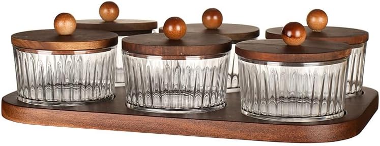 Round Glass Snackle Box Container Snack Organizer and Fruit Platter with Acacia Wood Lids and Tray Divided Serving Tray for Nuts Candy Dry Fruits (6 Jars)