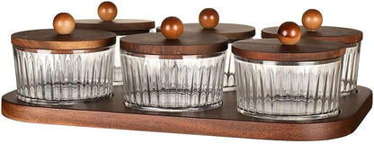 Round Glass Snackle Box Container Snack Organizer and Fruit Platter with Acacia Wood Lids and Tray Divided Serving Tray for Nuts Candy Dry Fruits (6 Jars)