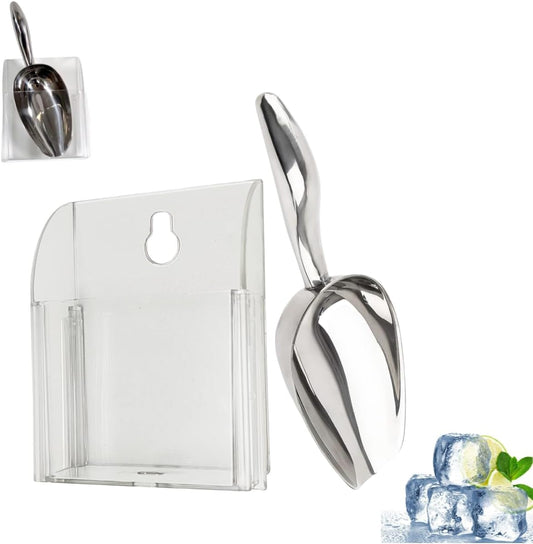 Ice Cube Scoop with Holder (2-Piece Set) Stainless Steel Ice Scoop for Ice Machine n Freezer Food Scooper Accessory Compatible with Ice Maker