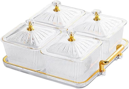 Dry Fruit Tray with Lid,Divided Serving Dishes Snack Tray Appetizer Plate with Tray,Serving Plate Party Wedding Nuts Plate Food Storage Box 4 Compartment Transparent Decorative Tray