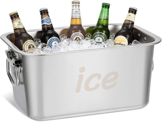 Strainless Steel Beverage Tub, Ice Buckets for Parties with Handle, Beer Ice Bucket Drink Cooler, Metal Wine Beer Champagne Bucket Drink Chiller, Rectangular Ice Storage Tub Ice Cube Bin for Freezer
