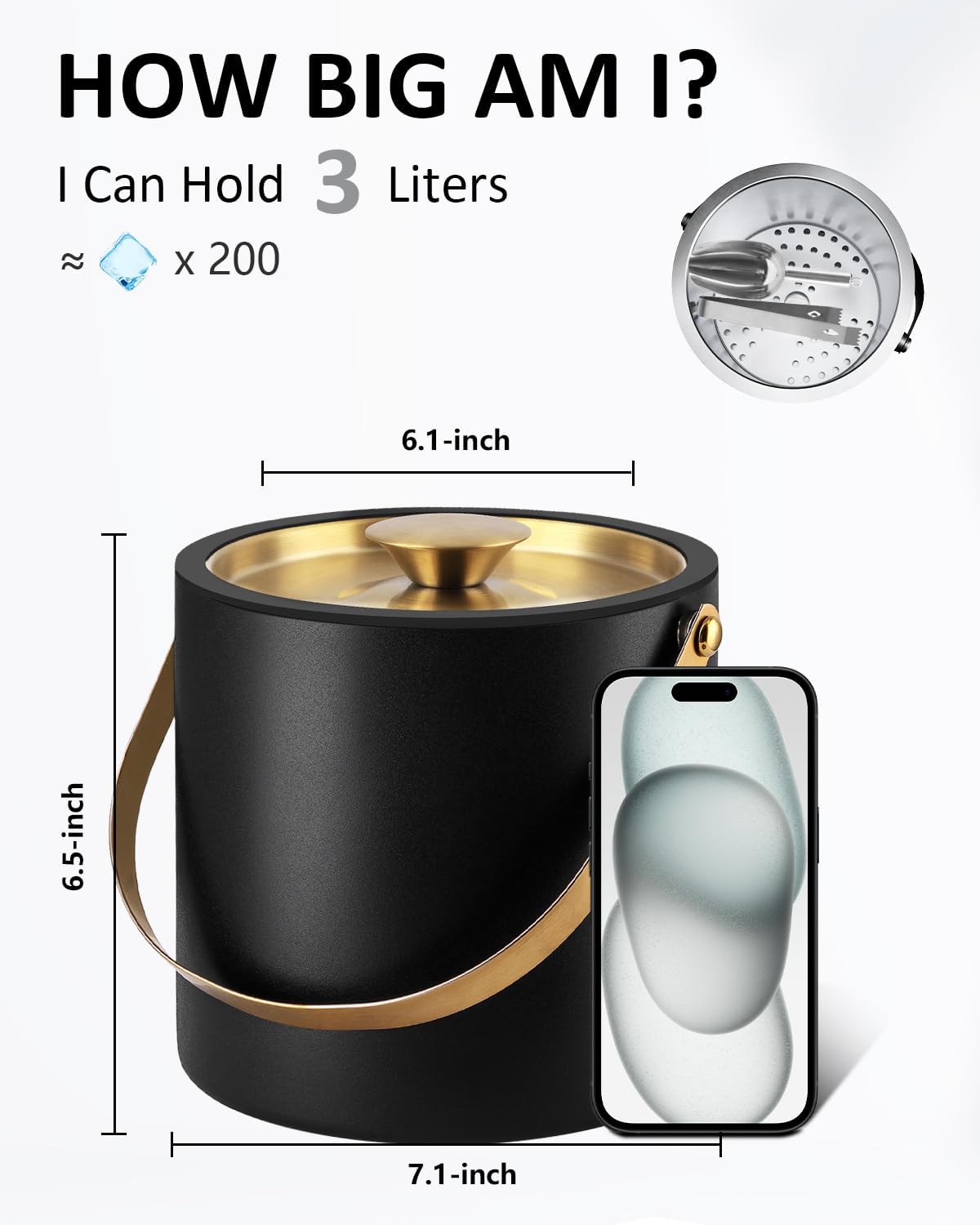 Bakpoco 3L Ice Bucket with Silicone Gold Lid, Scoop, Tongs & Strainer, Stainless Steel Double Wall Insulated Ice Buckets for Parties & Cocktail Bar, Outdoor Champagne Ice Container Bin, Black