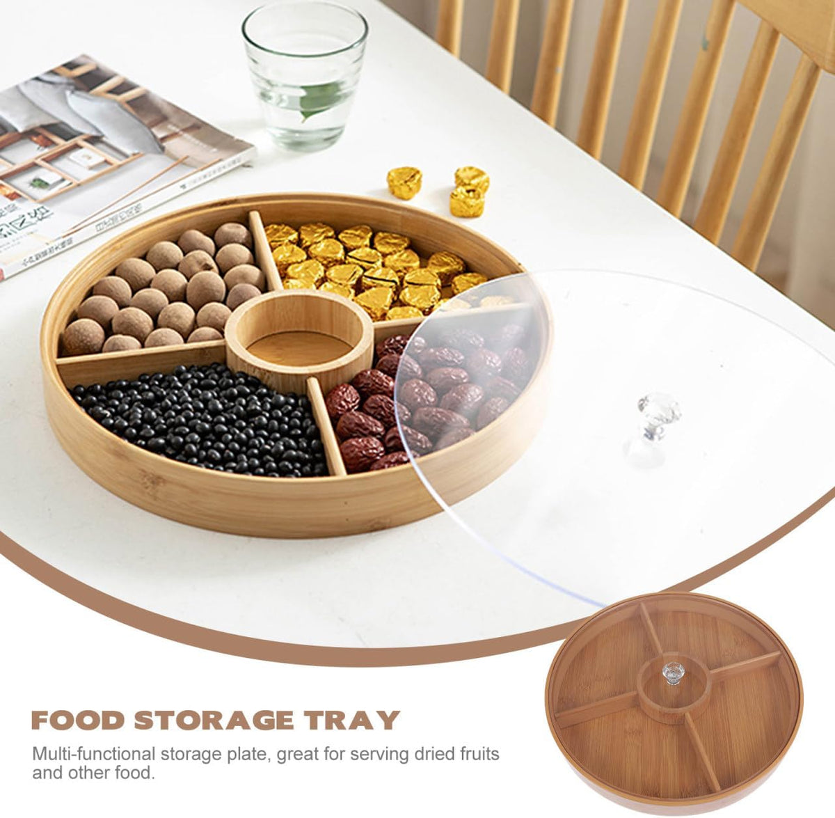 DOITOOL Bamboo Snack Tray with Lid 4-Compartment Divided Platter for Nuts Dried Fruit Candy Serving Food Storage Tray for Home Dining 11.81 X 11.81 X 1.96 in