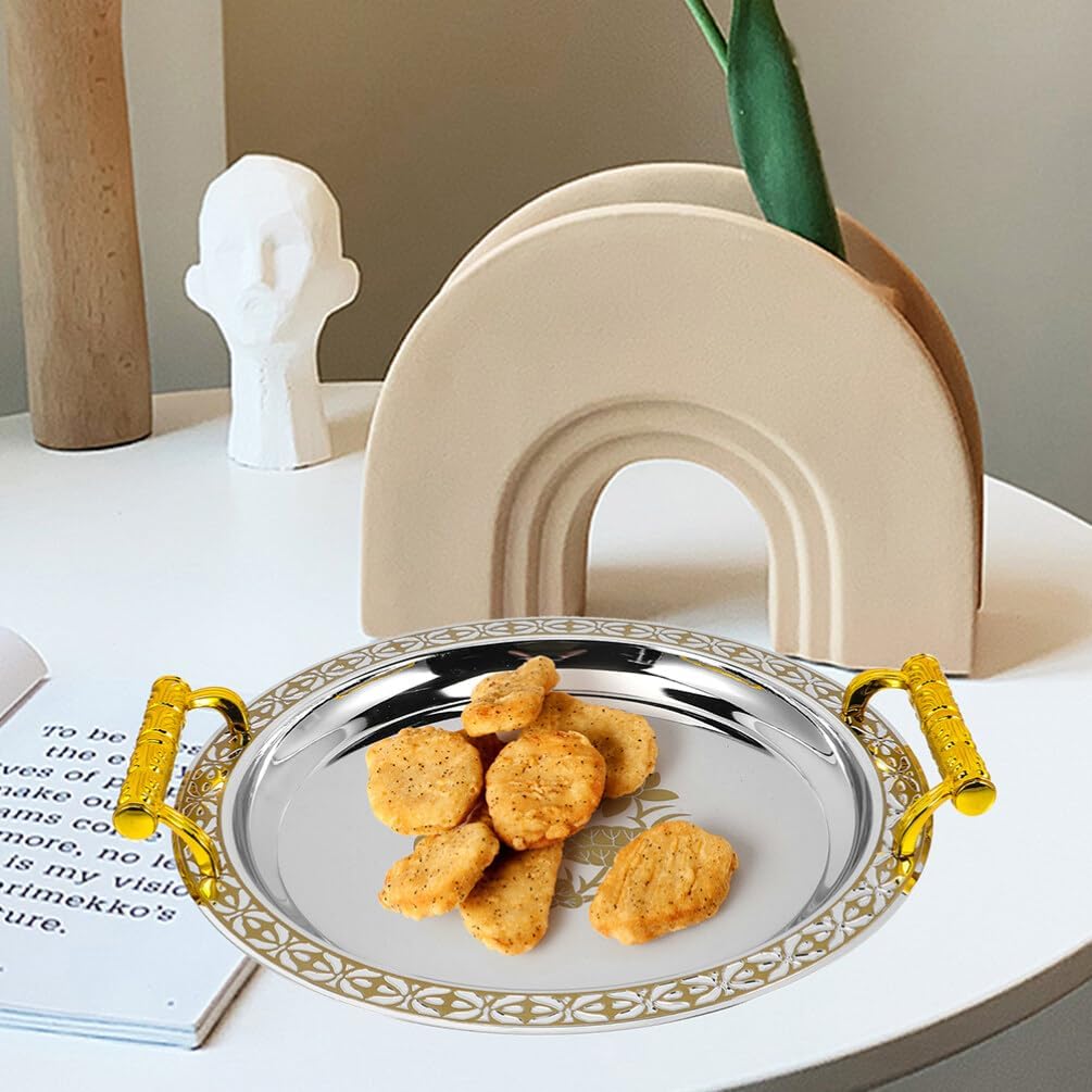 Golden Fruit Serving Tray Round Decorative Tray for Snacks Candy Nuts Dried Fruit Home Kitchen Dining Table Storage Plate European Style Centerpiece 13.18 X 13.18 X 1.57 in